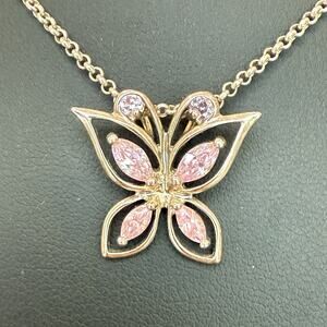 DL Vintage Sterling Silver Pink CZ Gemstone Butterfly Necklace - 18” Rolo Chain